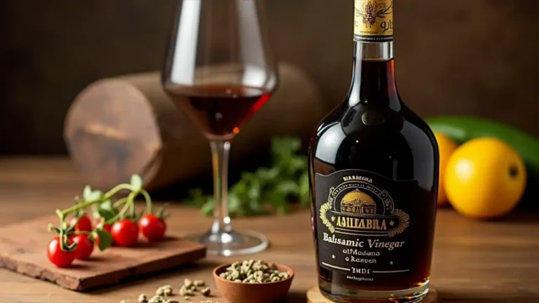 A bottle of Balsamic Vinegar of Modena PGI next to a bunch of ripe grapes and a small dish of the dark, syrupy vinegar, showcasing its rich color and viscosity