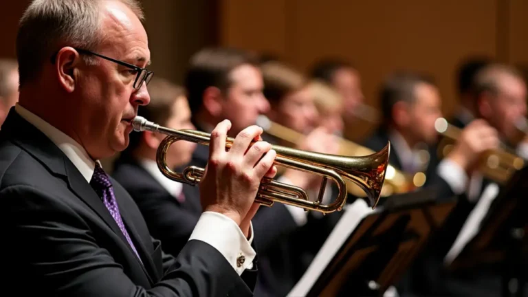 A smiling band director conducting with a baton in front of a diverse group of student musicians playing various instruments
