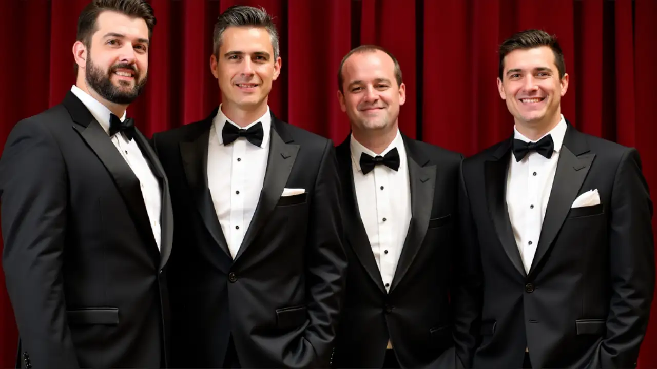 Four men in colorful striped vests and boater hats singing in harmony, representing a classic barbershop quartet on National Barbershop Quartet Day