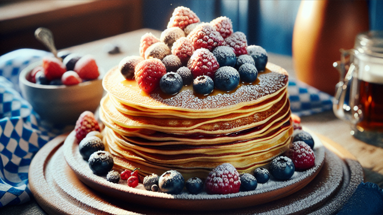 A stack of thin, golden-brown Bavarian crepes dusted with powdered sugar and garnished with fresh berries, served on a rustic wooden plate against a traditional Bavarian blue and white checkered background.