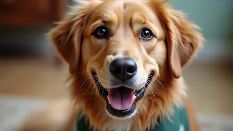 Smiling therapy dog Bean, a golden retriever, wearing a blue therapy dog vest and sitting next to a 'National Bean Better Day' banne