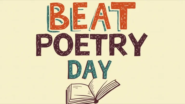 A vintage typewriter with a sheet of paper displaying 'National Beat Poetry Day' in a retro font, surrounded by scattered coffee cups, jazz records, and well-worn books by Beat Generation authors