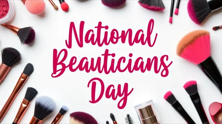 A colorful collage of beauty tools and products including scissors, combs, makeup brushes, nail polish, and a mirror, surrounding the text 'National Beauticians Day' in elegant script