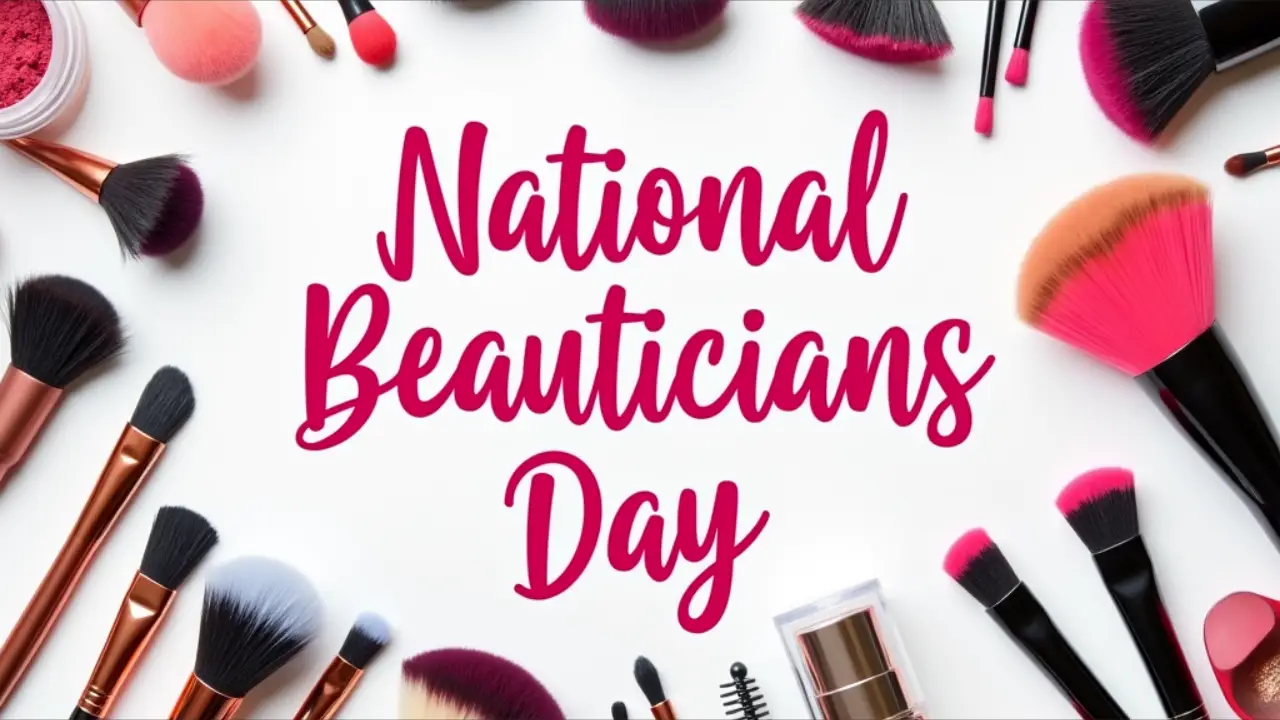 A colorful collage of beauty tools and products including scissors, combs, makeup brushes, nail polish, and a mirror, surrounding the text 'National Beauticians Day' in elegant script