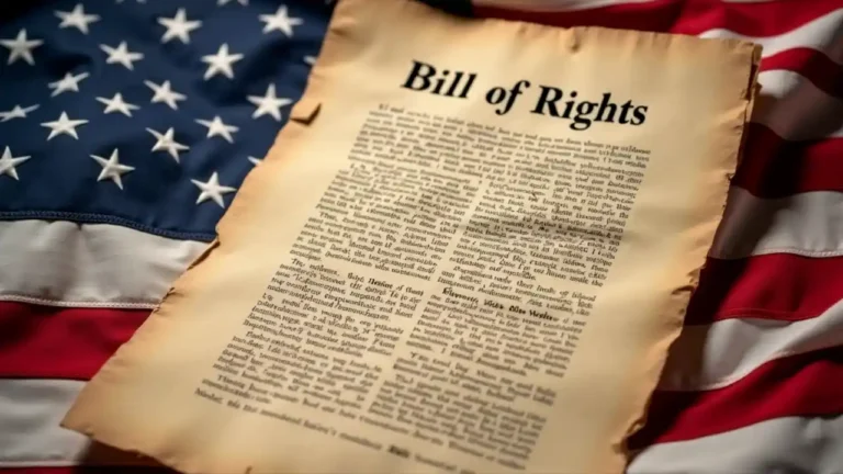 Bill of Rights document with American flag background.