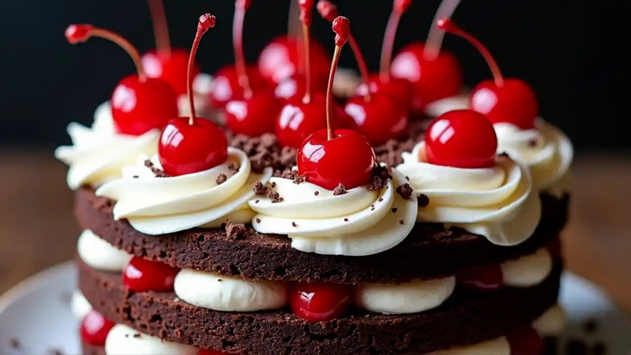 A rich chocolate Black Forest cake topped with whipped cream, dark chocolate shavings, and plump red cherries, showcasing its classic layered appearance