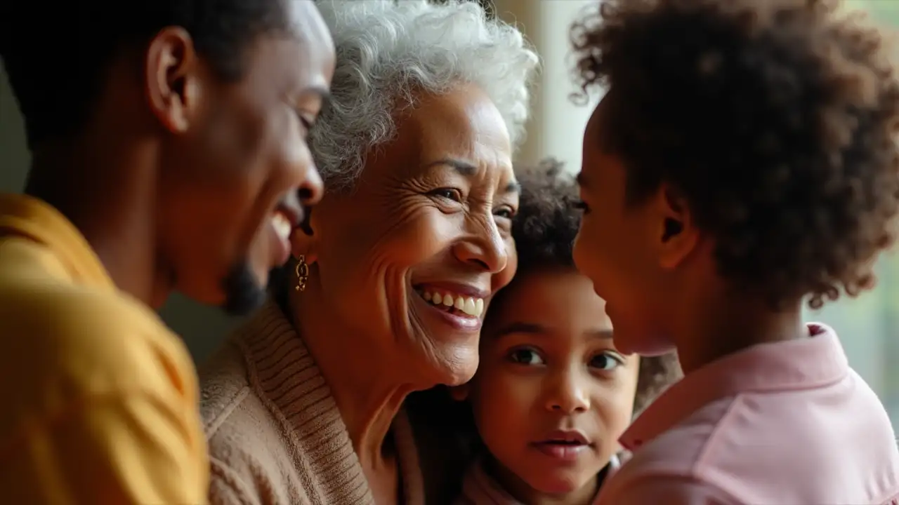 Black grandmother smiling with family, symbolizing love and cultural legacy.