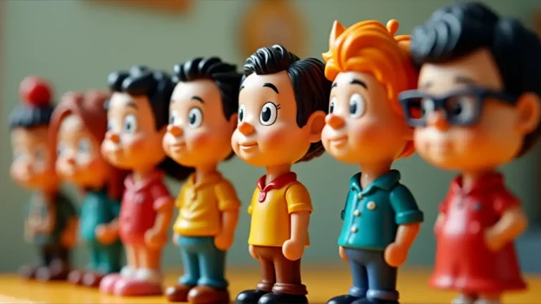 A colorful collection of various bobblehead figures arranged in a playful display, showcasing different characters and personalities with their characteristic nodding heads