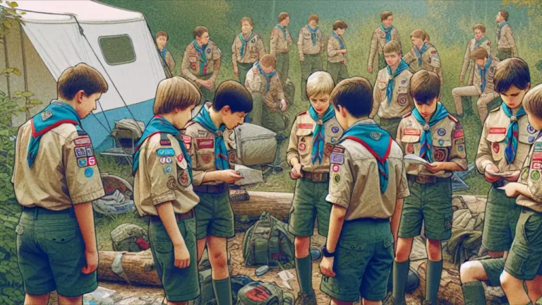 A group of Boy Scouts in uniform participating in outdoor activities, celebrating National Boy Scout Day