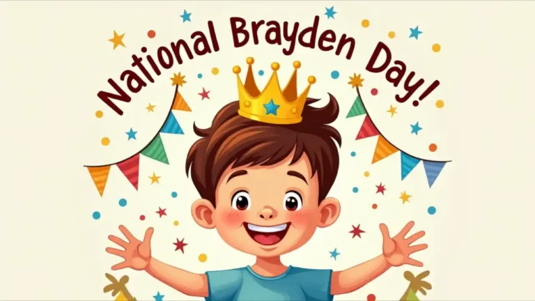 A cartoon illustration of a young boy named Brayden with a celebratory crown, surrounded by festive decorations and the text "National Brayden Day" in playful typography