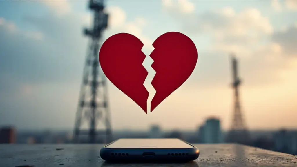 A broken heart symbol split in half, with a cell phone tower on one side and a smartphone on the other, symbolizing the separation between a customer and their mobile carrier