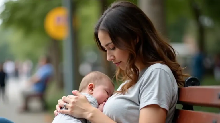 A mother peacefully breastfeeding her baby on a public bench, demonstrating the normalcy and importance of nursing in everyday spaces