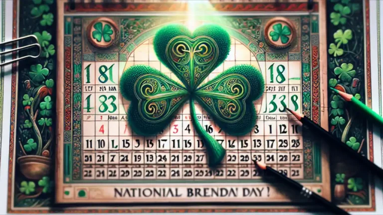 A calendar page highlighting "National Brendan Day" with a shamrock motif and Celtic-inspired lettering, representing the Irish origins of the name Brendan