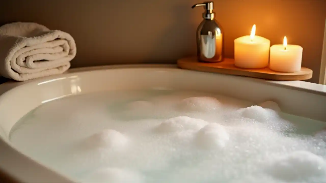 Relaxing bubble bath with candles and bath accessories for National Bubble Bath Day