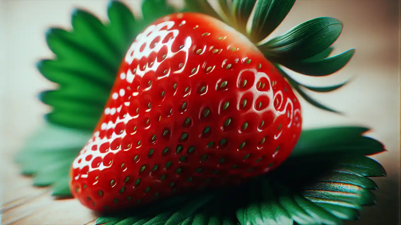 A vibrant red, ripe California strawberry sitting on a green leaf against a white background, showcasing its perfect heart shape and glossy texture.