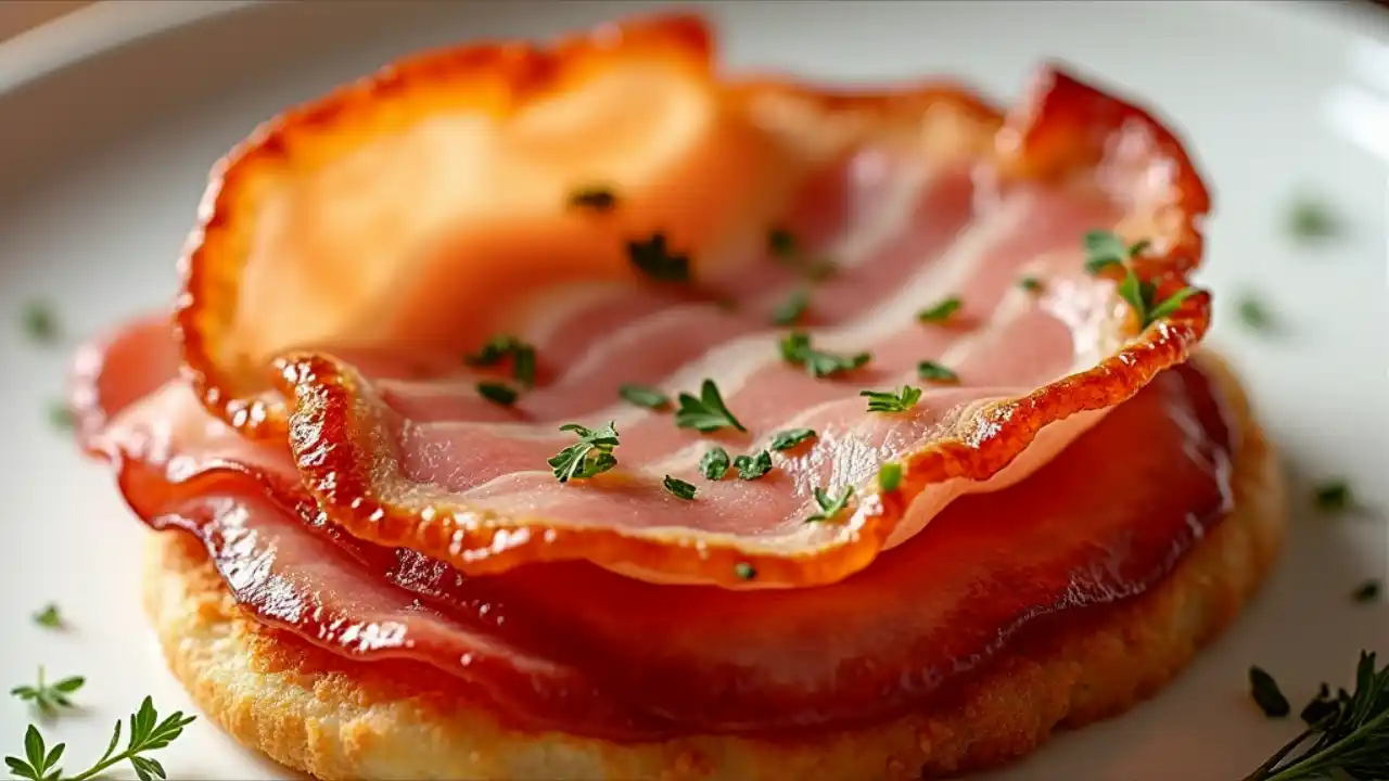 A crispy, pan-fried slice of Canadian bacon with its distinctive round shape and pink-brown color, garnished with fresh herbs on a white plate