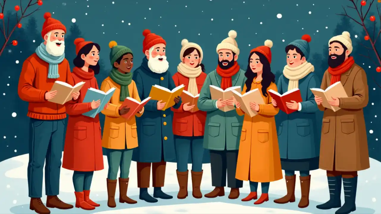 A group of diverse carolers singing traditional holiday songs while holding songbooks and lanterns on a snowy winter evening, capturing the festive spirit of National Carol Day