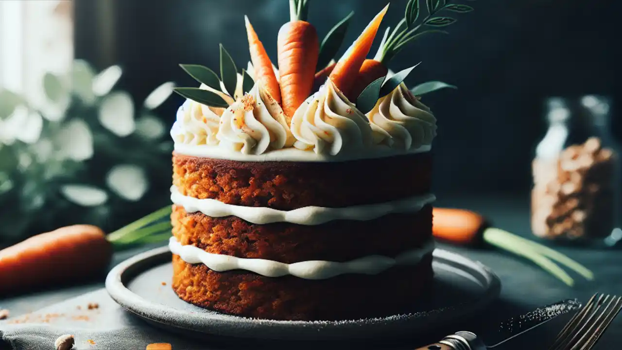 A delicious slice of carrot cake topped with cream cheese frosting, celebrating National Carrot Cake Day