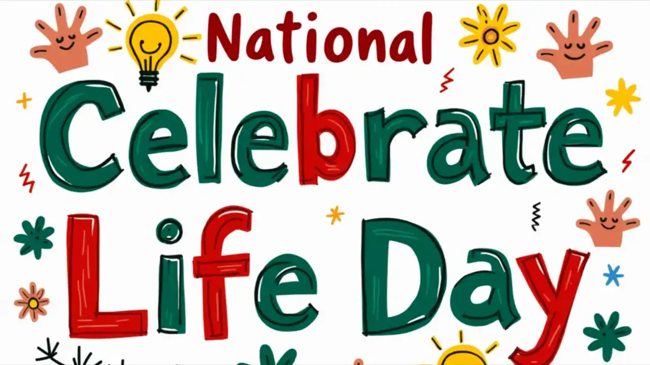 Colorful banner with text 'National Celebrate Life Day' and joyful illustrations symbolizing celebration and life