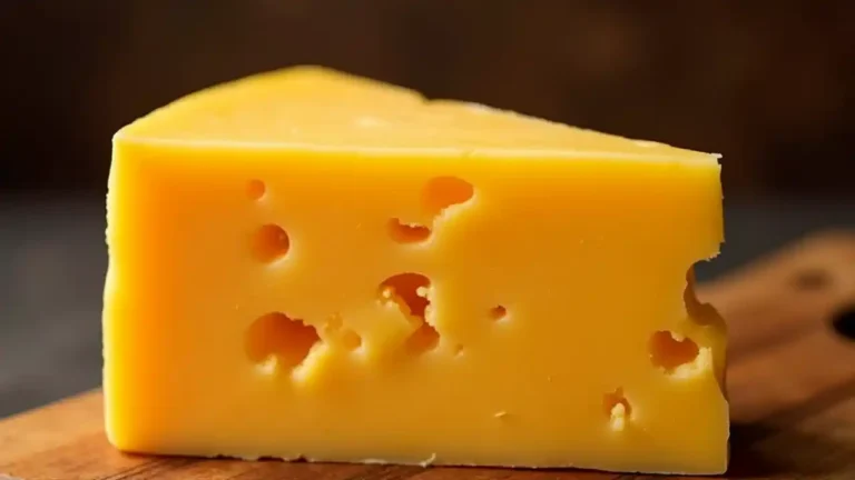 A close-up photograph of a rustic wedge of aged cheddar cheese with its characteristic golden-orange color and crystalline texture, displayed on a wooden cutting board