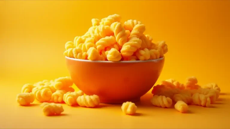 A close-up of vibrant orange, curly cheese doodles spilling out of a colorful snack bowl against a playful background, celebrating National Cheese Doodle Day
