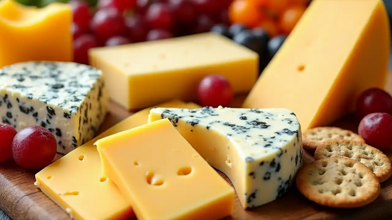 A vibrant spread of various cheeses, including cheddar, brie, and blue cheese, accompanied by fruits and crackers, celebrating National Cheese Lovers Day.