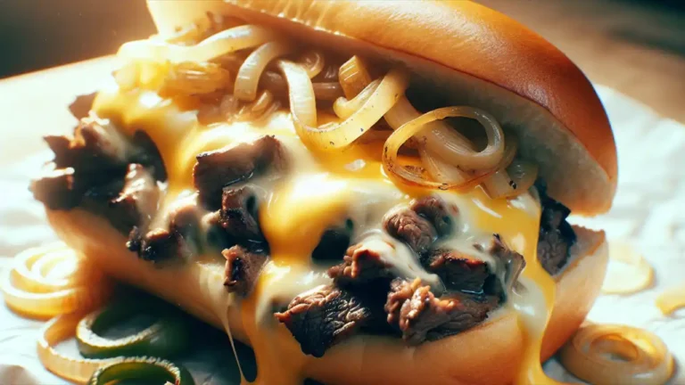 A close-up shot of a classic Philadelphia cheesesteak sandwich with thinly sliced beef, melted cheese, and sautéed onions on a toasted hoagie roll