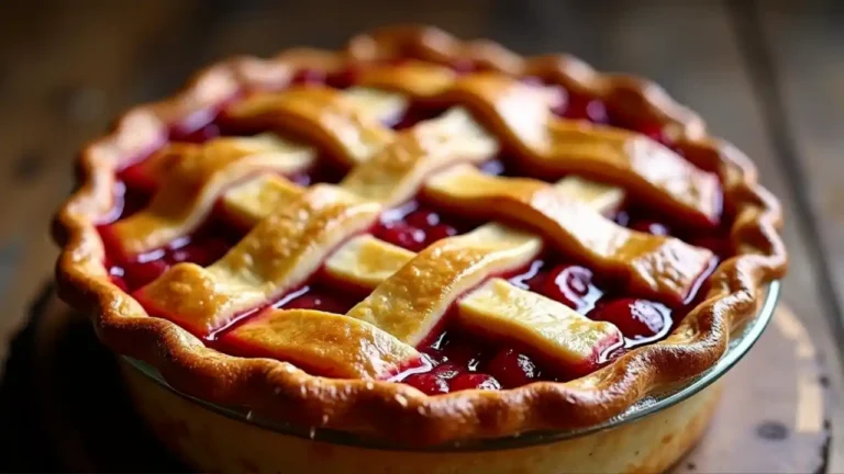 A slice of golden-crusted cherry pie with bright red filling oozing out, topped with a lattice pattern and dusted with sugar, set against a rustic wooden table
