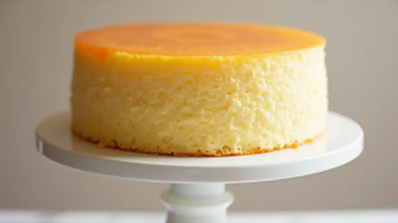 A light and fluffy chiffon cake with a delicate golden-brown color, showcasing its signature tall, airy texture and smooth surface, displayed on an elegant cake stand.