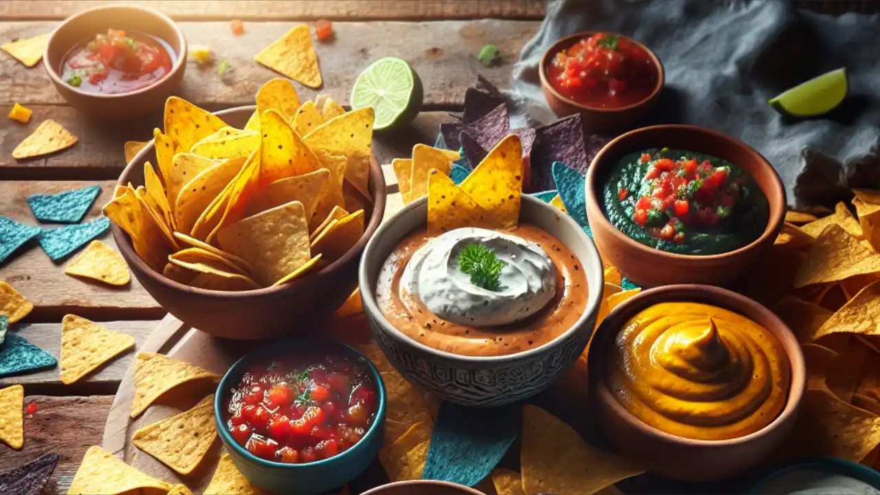 A colorful arrangement of tortilla chips surrounding various bowls filled with guacamole, salsa, and creamy dips on a rustic wooden table