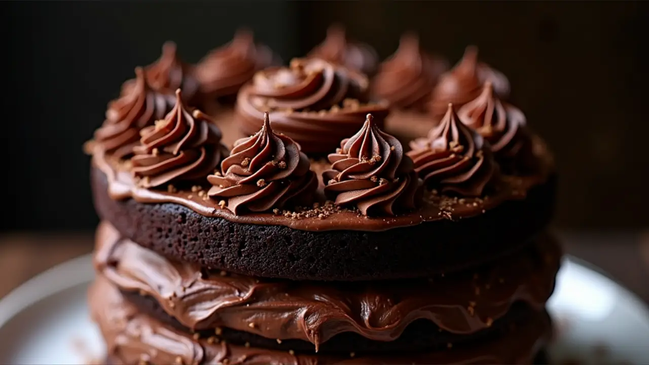 A slice of rich, moist chocolate layer cake with dark chocolate ganache frosting on a white plate, garnished with chocolate shavings
