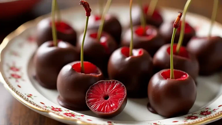 A delicious assortment of chocolate-covered cherries on a decorative plate, celebrating National Chocolate Covered Cherry Day