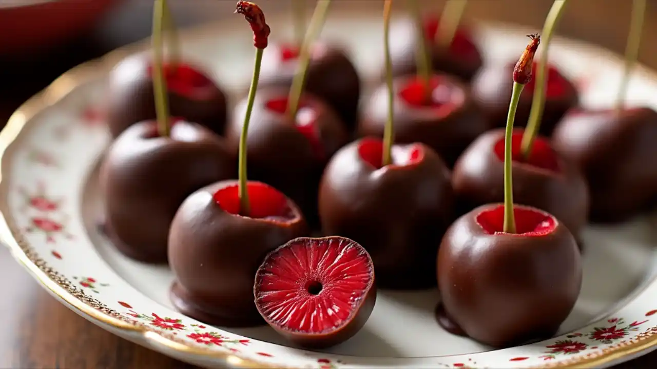 A delicious assortment of chocolate-covered cherries on a decorative plate, celebrating National Chocolate Covered Cherry Day