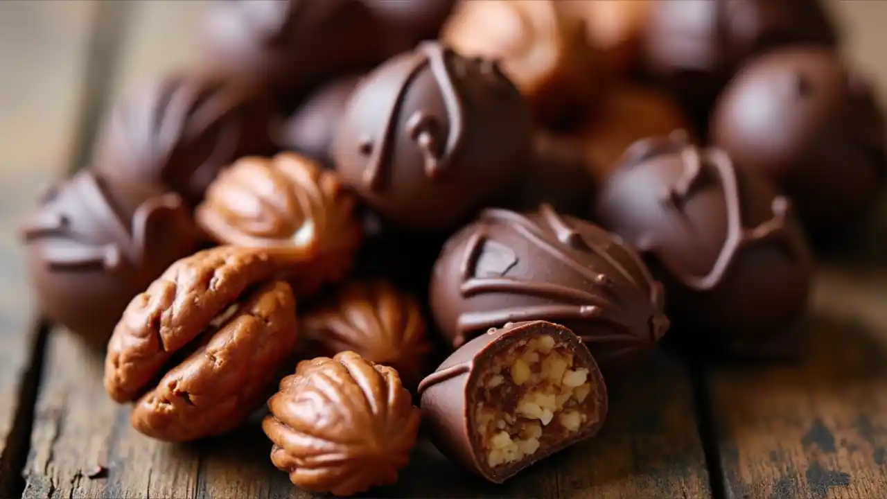 A close-up shot of assorted nuts coated in dark and milk chocolate scattered on a rustic wooden surface, highlighting their glossy, tempting texture