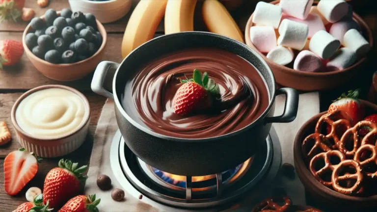 A delicious chocolate fondue pot surrounded by fresh fruits, marshmallows, and pretzels, celebrating National Chocolate Fondue Day
