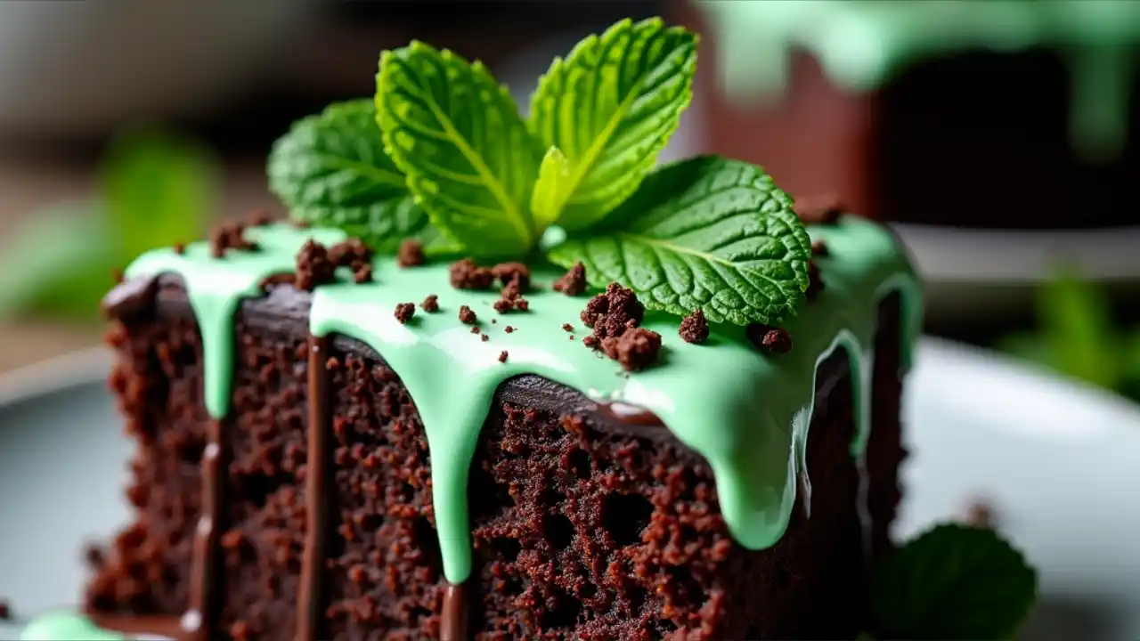 A close-up shot of a chocolate mint dessert featuring a dark chocolate cake or brownie garnished with fresh mint leaves and a drizzle of mint-green chocolate sauce