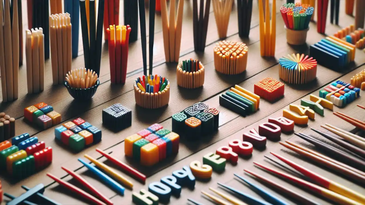 Colorful chopsticks arranged artistically on a wooden table, celebrating National Chopsticks Day