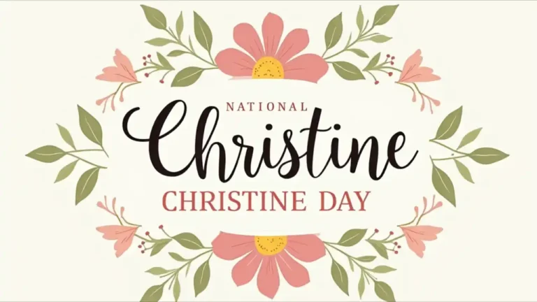 A decorative banner featuring the name "Christine" in elegant script, adorned with floral elements and pastel colors, celebrating National Christine Day.