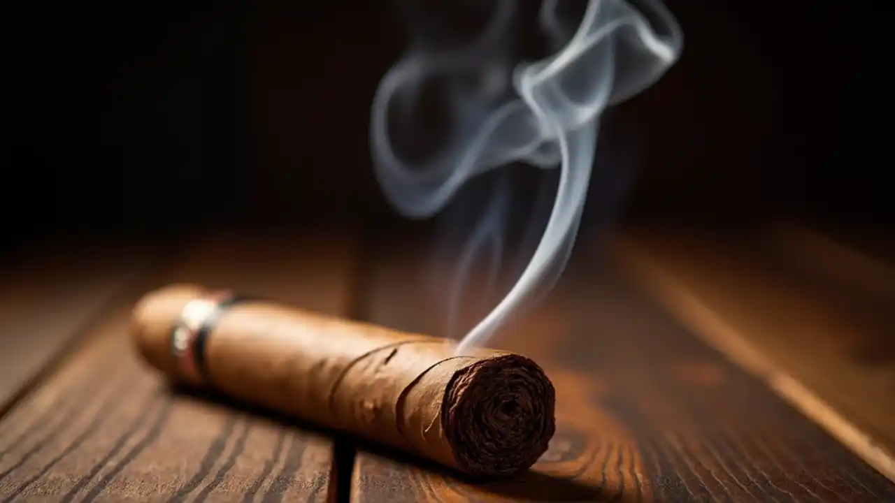 A premium hand-rolled cigar resting elegantly on a polished wooden surface, with soft wisps of smoke curling upward, capturing the essence of National Cigar Day celebration