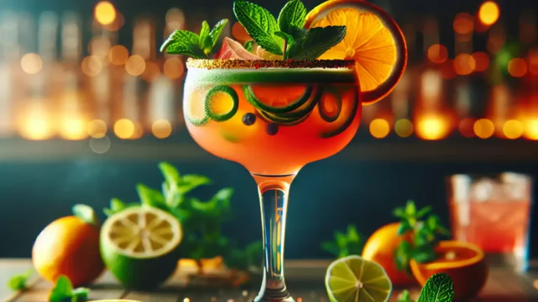 A vibrant cocktail glass filled with a colorful mixed drink, garnished with fresh citrus and mint, set against a dark background with subtle bar lighting