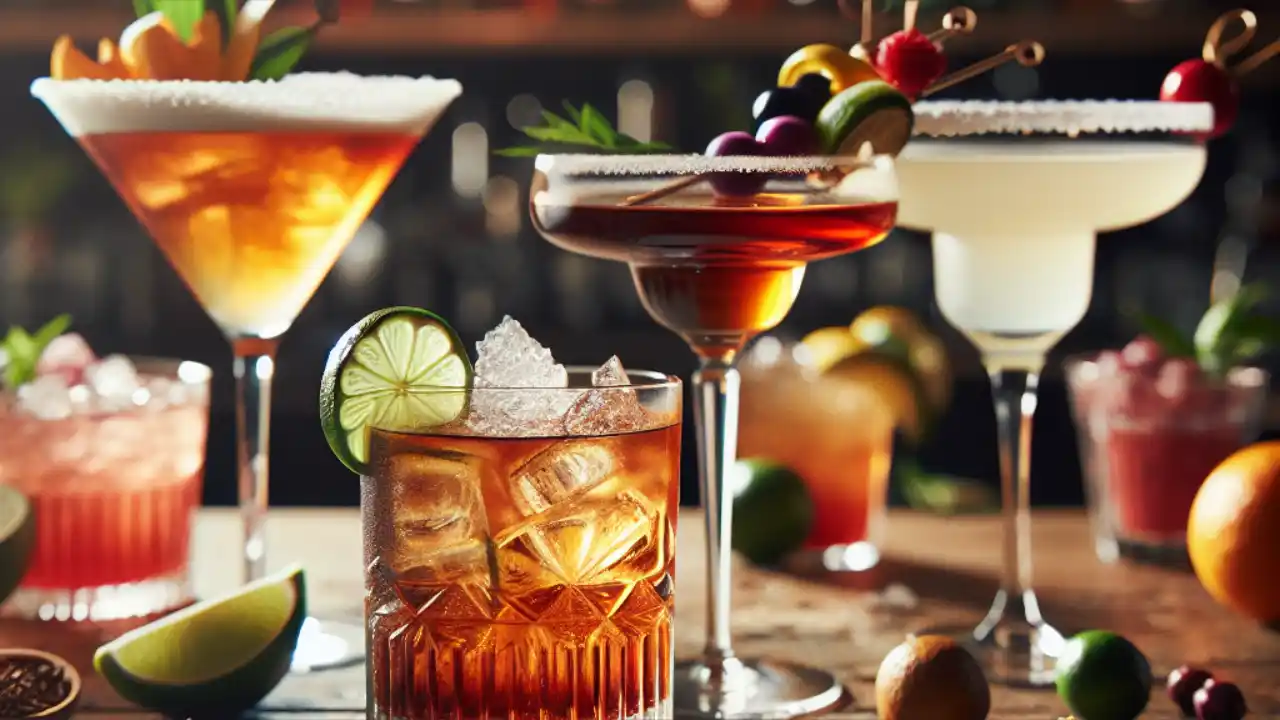 A colorful array of classic cocktails arranged on a wooden bar, featuring a martini, old fashioned, and margarita with garnishes, celebrating National Cocktails Day