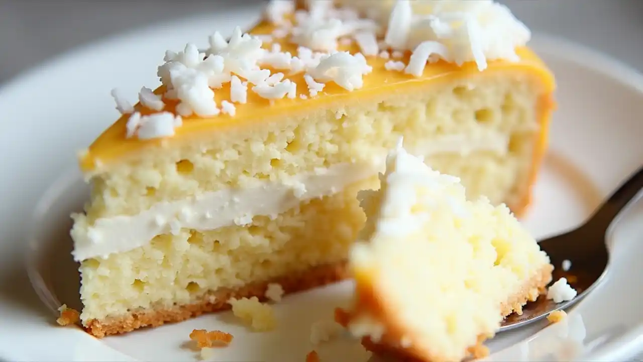 Delicious coconut torte on a plate, garnished with shredded coconut