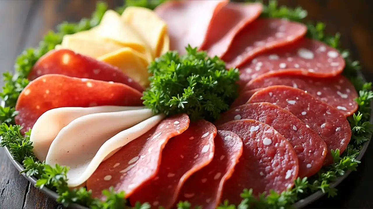 A colorful deli platter featuring an assortment of sliced cold cuts including ham, turkey, salami, and roast beef, neatly arranged in a circular pattern with garnish.