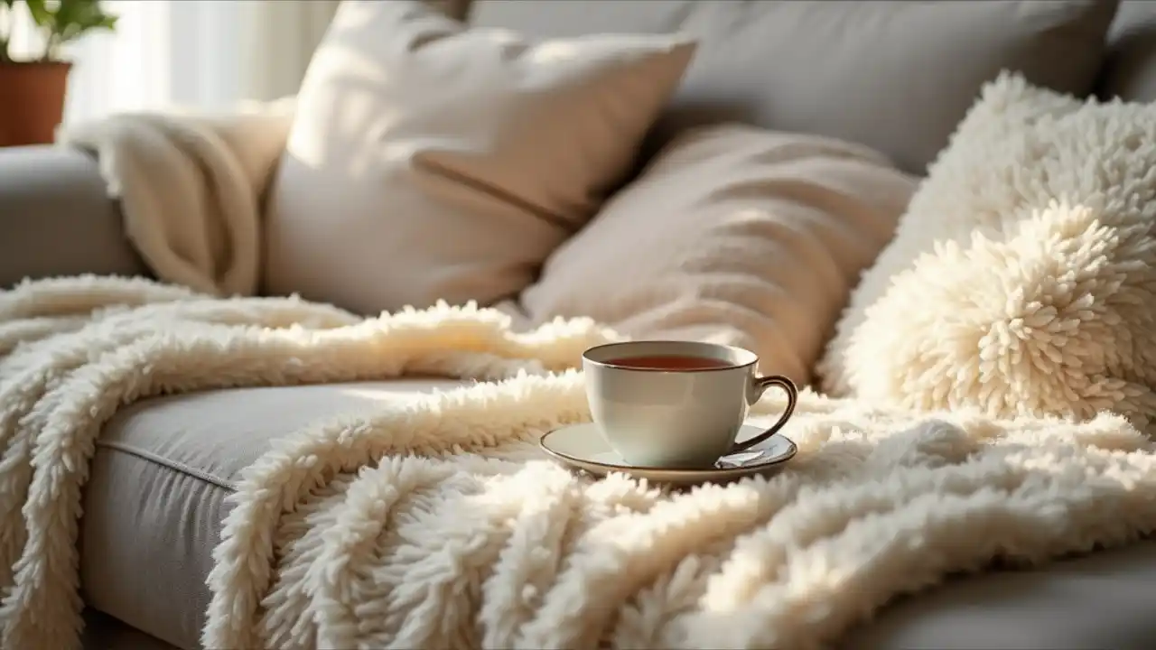 A cozy living room scene with plush blankets, fluffy pillows, and a steaming cup of tea on National Comfy Day