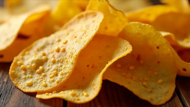 A golden, crispy corn chip emerging from a bowl of tortilla chips, casting a warm shadow against a rustic background