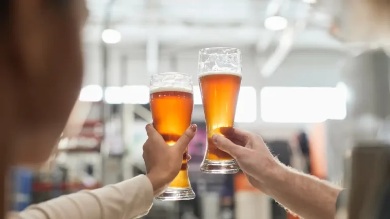 Two people clinking craft beer glasses for National Craft Beer Day.