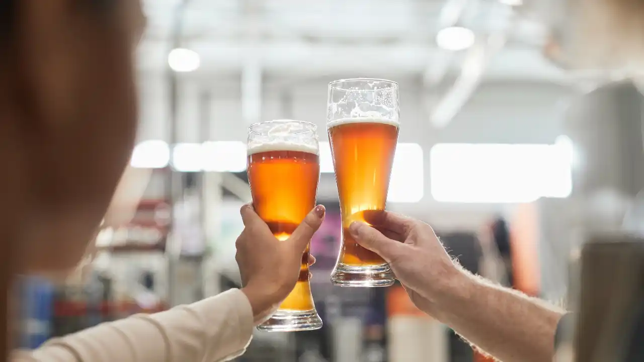 Two people clinking craft beer glasses for National Craft Beer Day.