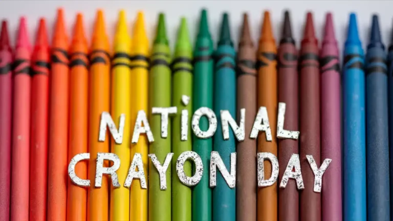 A vibrant collection of colorful crayons arranged in a rainbow pattern against a white background, celebrating National Crayon Day