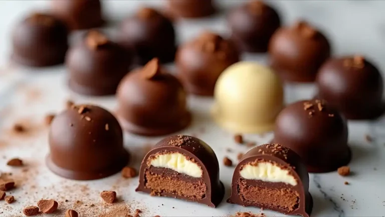 A decadent assortment of dark and milk chocolate bonbons with various cream fillings, arranged elegantly on a marble surface with scattered cocoa powder and chocolate shavings.