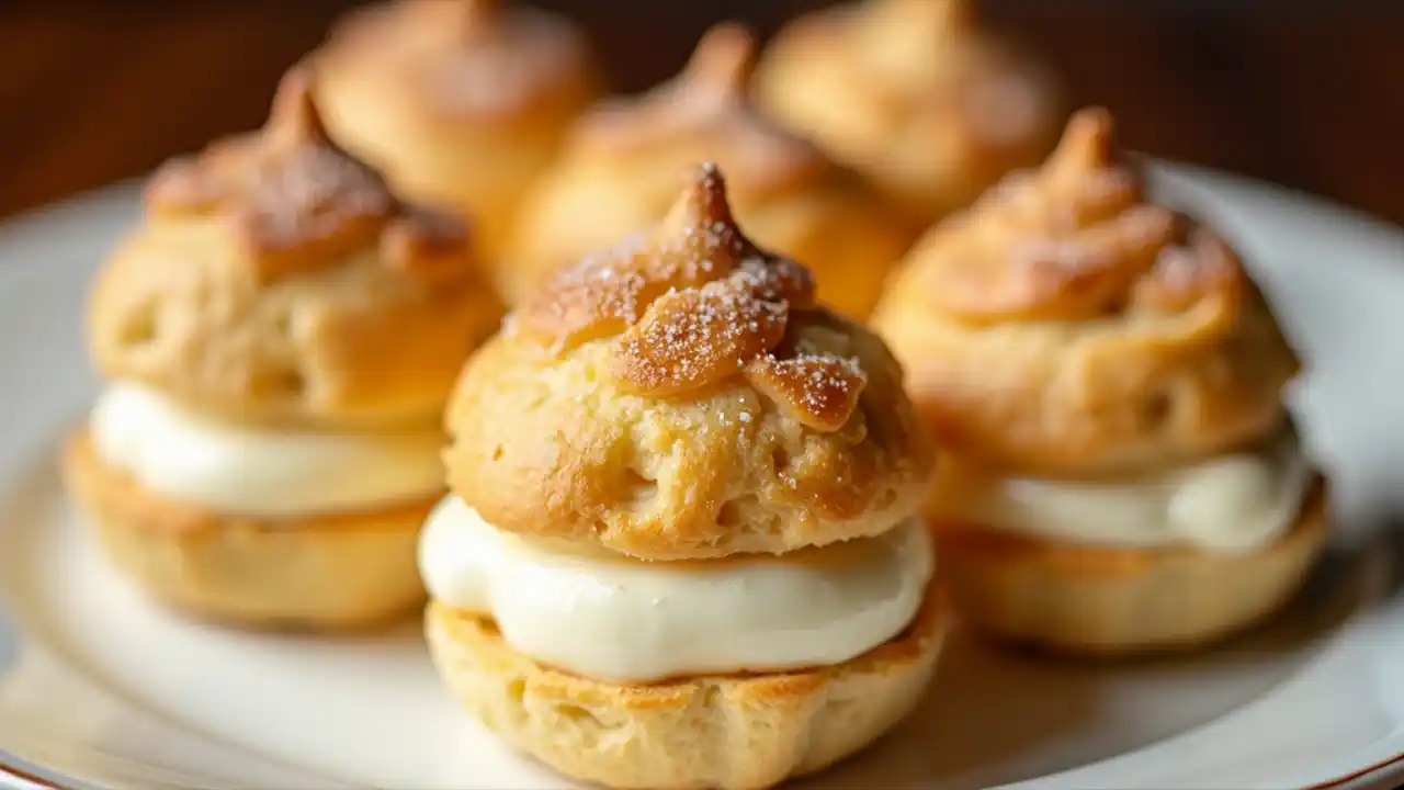 Cream puffs arranged on a decorative plate, celebrating National Cream Puff Day